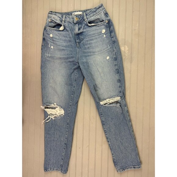 Zara Size 4 Womens Jeans Straight Distress Light Wash Cotton High Rise Ankle - Picture 1 of 3